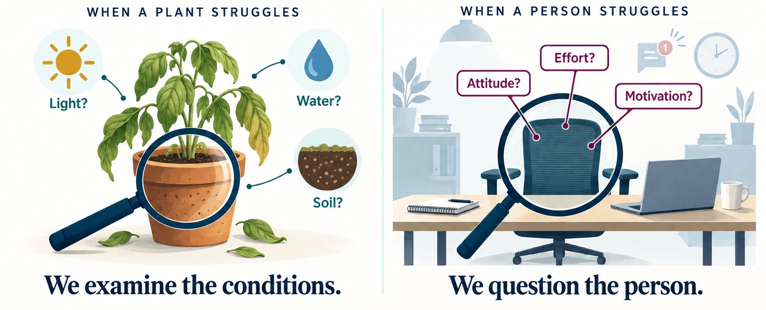 Two panels. On the left, a wilting plant under a magnifying glass with the questions Light? Water? Soil? and the caption: we examine the conditions. On the right, an empty office chair under a magnifying glass with the questions Attitude? Effort? Motivation? and the caption: we question the person.